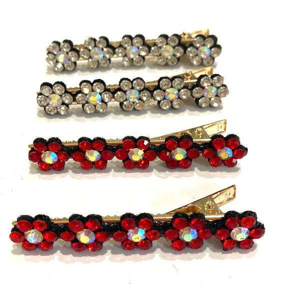 Hair Clips Clear And Red Rhinestone Flowers Gold Tone Set Of 4 - Picture 4 of 4